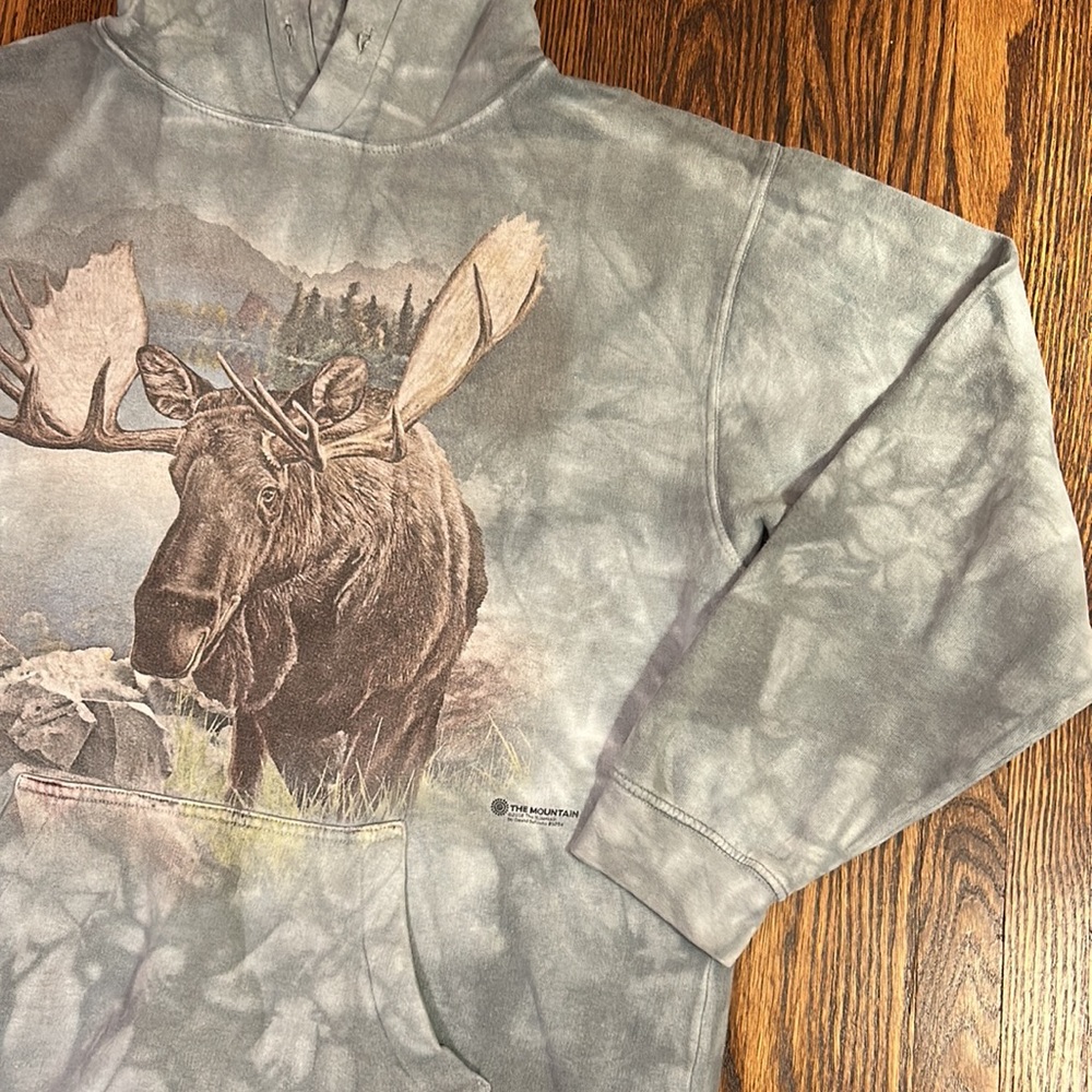237-Vintage The Mountain Men's Gray/Greenish Tie-Dye Moose Graphic Hoodie - Picture 6 of 10
